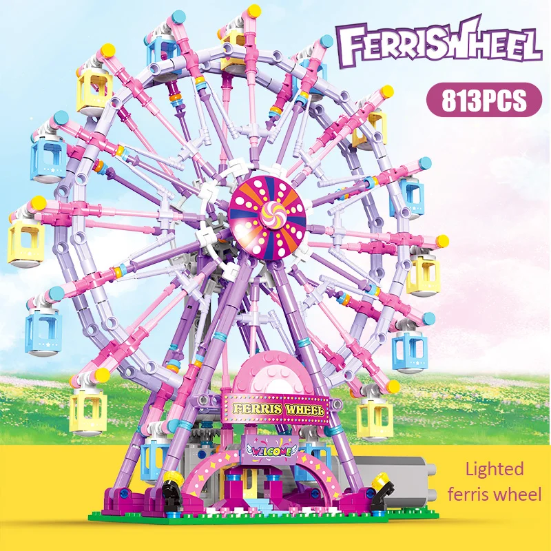 ZKZC Cherry blossom color City Friends Seven Colors LED Rotating Ferris Wheel Building Blocks Electric Bricks Toy Children Gifts