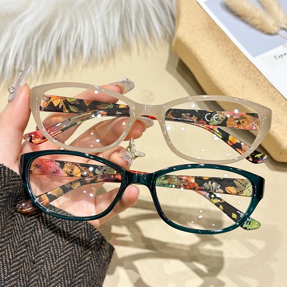 WEIPO 2PCS New Cat Eye Reading Glasses Summer Decoration Anti-blue Light Glasses Fashion Package Flower Glasses,+1.0 to +4.0