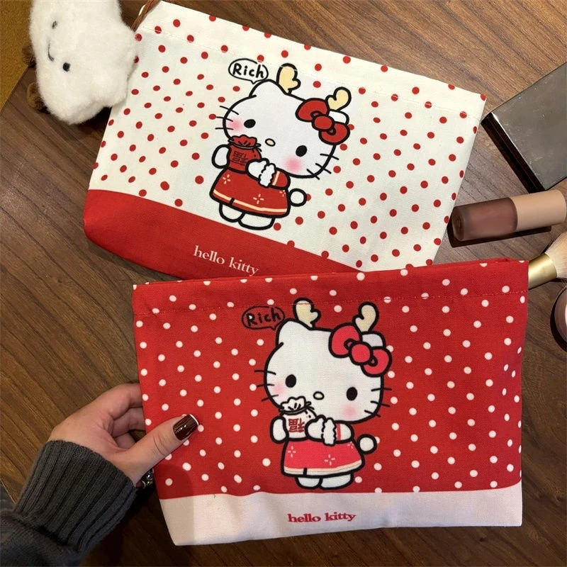 Kawaii Sanrio Hello Kitty Makeup Bag KT Cat Red Polka Dot Coin Purse Large Capacity Cosmetic Bag Portable Wash Pouch Pen Bag