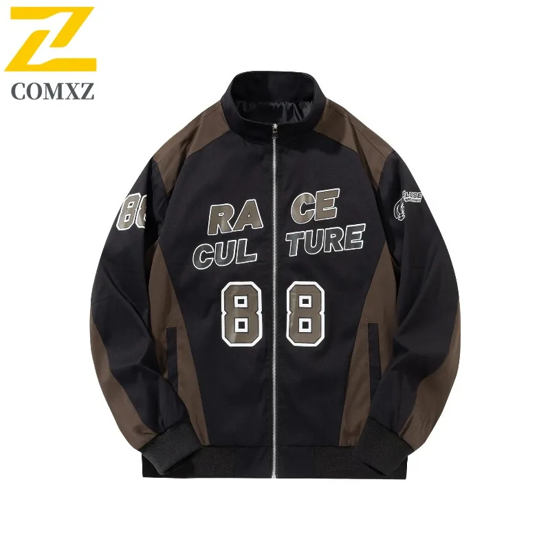 

COMXZ Men Jacket Letter Print Lightweight Baseball Stand Collar Outdoor Travel Windbreaker Coat Trendy Preppy Jackets Streetwear