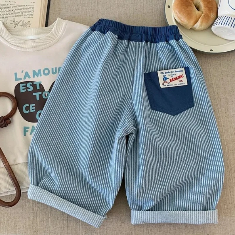 Kinder-Jeans aus weicher Baumwolle mit Retro-Streifen, Frühling und Herbst, lässige, gerade geschnittene Hosen für Jungen und Mädchen, 80–130 cm