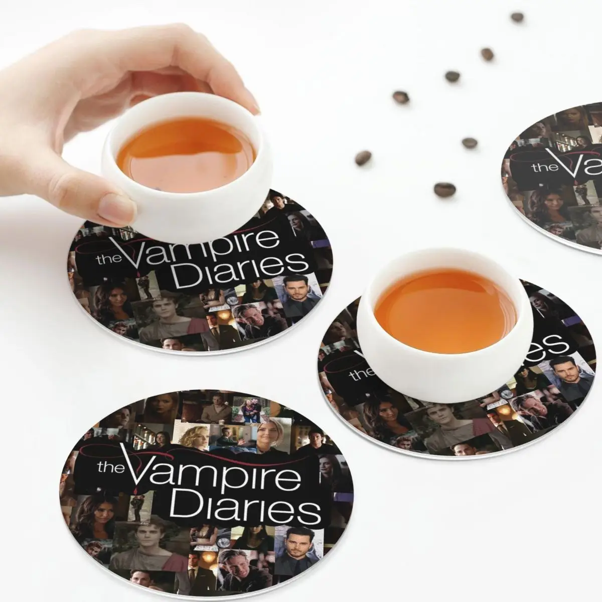 The Vampire Diaries Damon Salvatore Coasters PVC Leather Placemats Waterproof Coffee Mats for Home Kitchen Dining Pads Set of 6