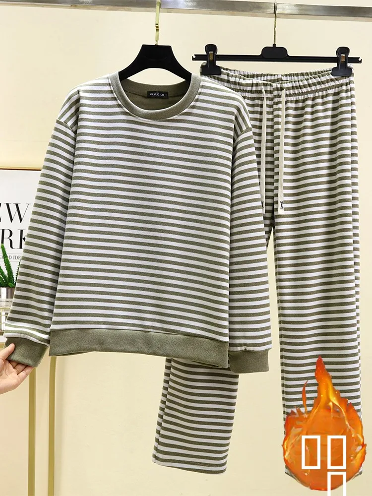 

Утепленный домашний комплект с длинными рукавами и круглым вырезом, свободный крой, большие размеры, топ и брюки, комплект из двух предметов, December Deer