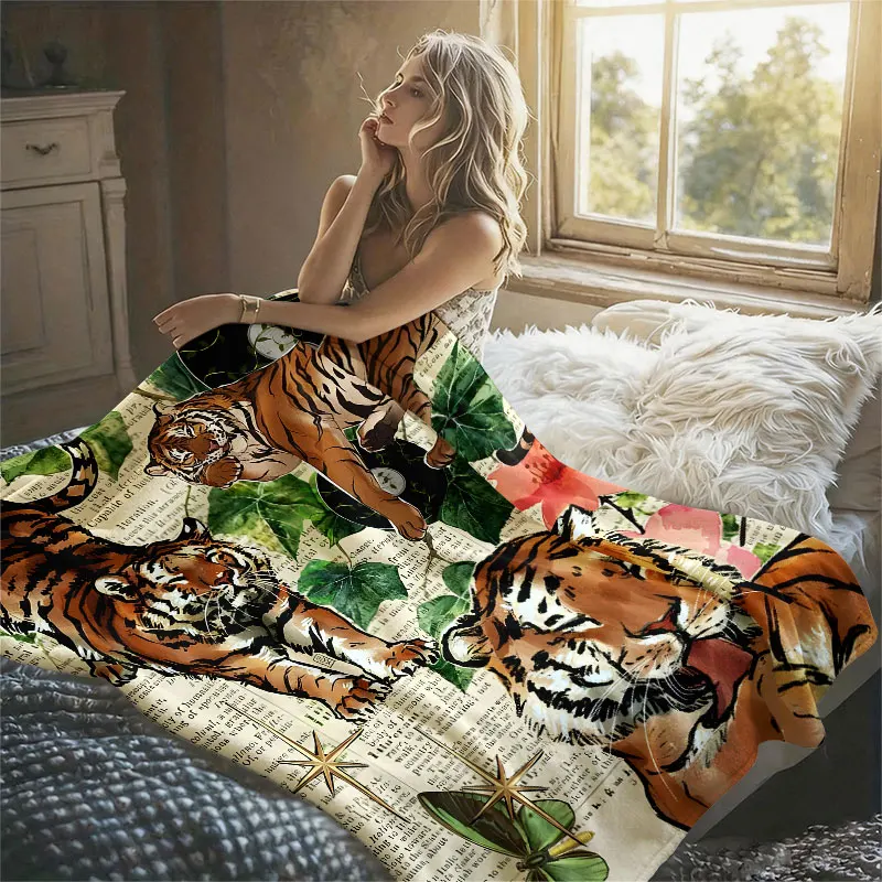Tigers Vintage Collage Flannel Blanket Perfect for Sofa Office Bed Travel Sleep Read Relax Camping Four Season Use