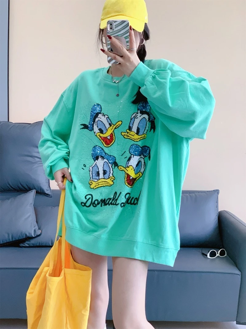 2025 Autumn New Loose Mid-Length Embroidered Cartoon Long Sleeves Versatile Hoodies Heavy Industry Women's Y2k Sweatshirt Jacket
