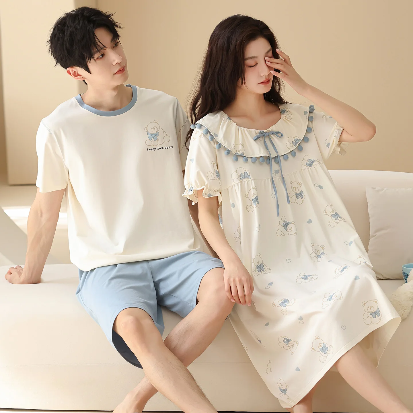 High Quality Couple Pajamas Set Men 100% Cotton Short Sleeve Pijamas Women Nightgown Lovers Cute Cartoon Sleepwear