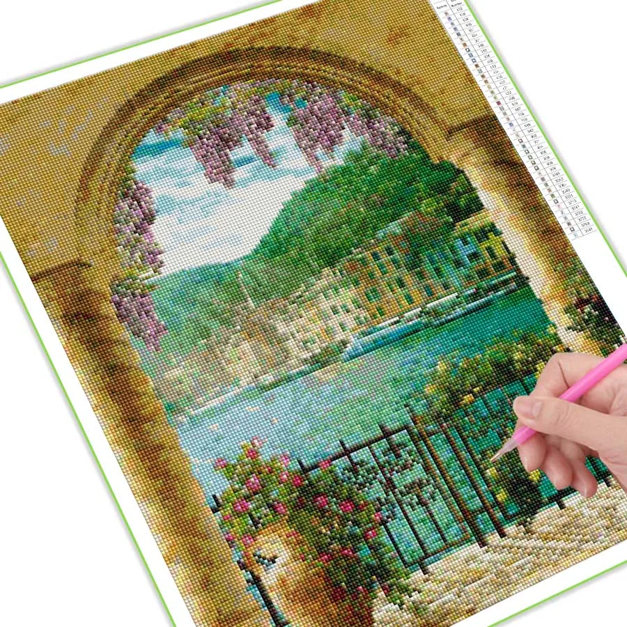 seaside gate diamond painting full rhinestone embroidery natural scenery mountains 5d mosaic cross stitch kits flowers AA3364