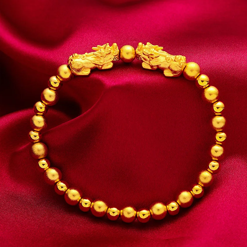 

24K Gold AU999 New Women's Pixiu Wealth Bracelet - 3D Pixiu Coin-Biting Bead + Polished Chain, Luxury Wealth Flattering Hot