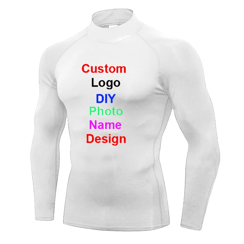 Customized DIY Brand Logo Turtleneck Quick Dry Gym T Shirt Men Fitness Skinny Long Sleeve T-shirt Sports TShirt Tight Clothing