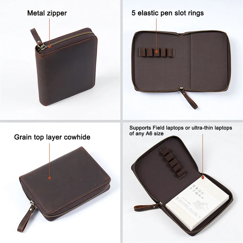 1 قطعة A6 دفتر غطاء الكتاب الطبقة العليا جلد البقر حقيبة سستة حقيبة صفحة ثابتة اليد كتيب غطاء مكافحة خسر الرجال النساء محفظة نسائية للعملات المعدنية