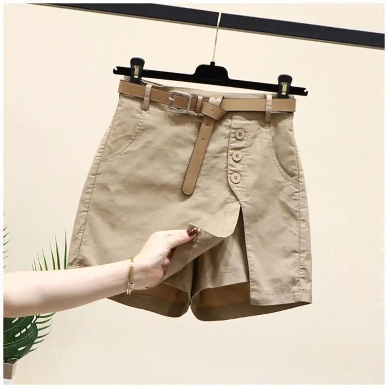 

Korean Fashion Summer Pure Cotton New Women's Elastic Waist Solid Button Sashes Pockets Simplicity Slim Cargo Shorts Skirts