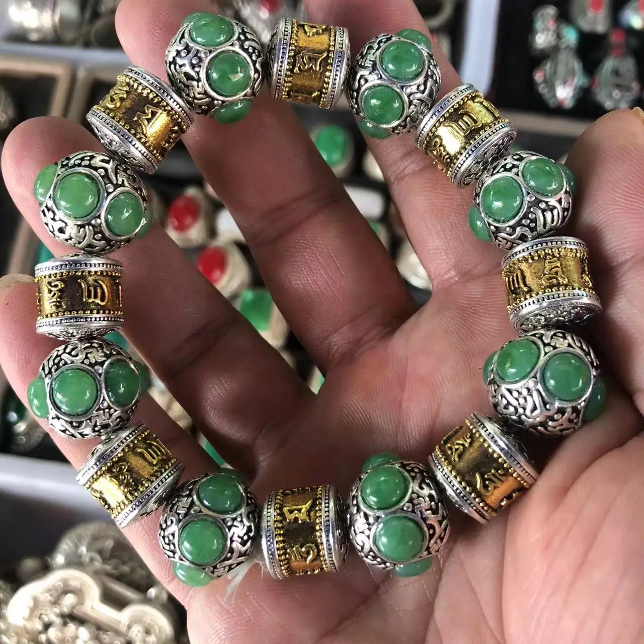 

Six-character mantra vintage Miao silver inlaid gemstone men and women silver-plated bracelet jewelry