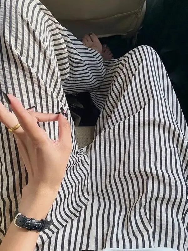 Summer New Style Women's Loose Comfortable Casual High Waist Wide Leg Pants Black White Stripes Outdoor Walking Trousers