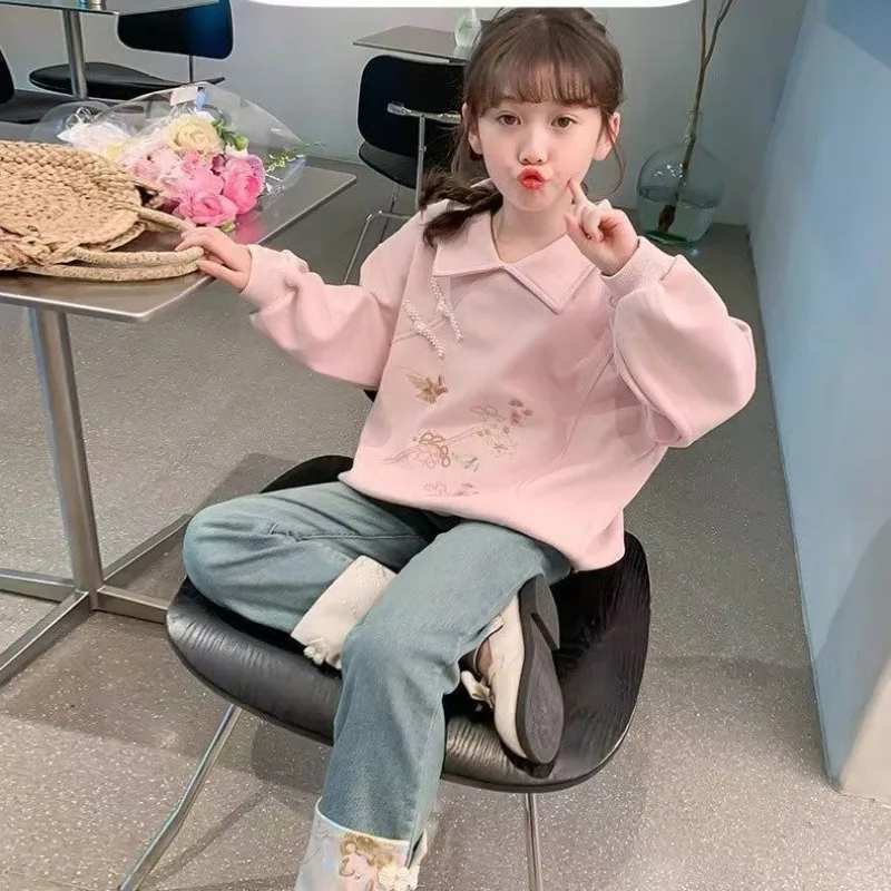 

Girls' 2025 Spring New Arrival Chinese Style Stylish Collared Crewneck Sweatshirt Spring/Autumn Plus Size Kids
