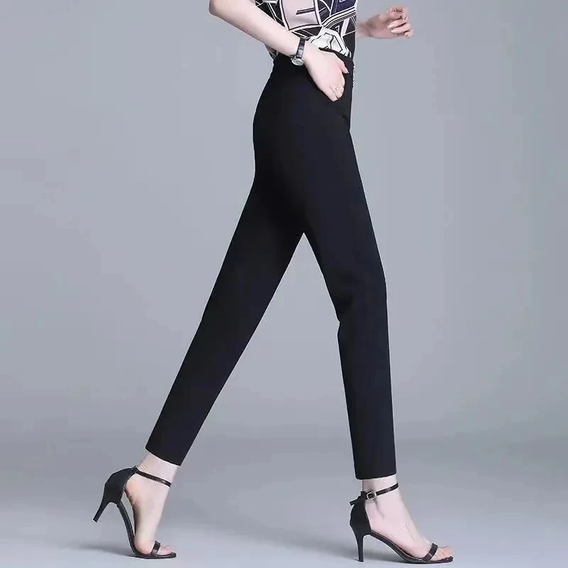 Pantalon droit décontracté pour femme d'âge moyen, taille élastique, noir, blanc, crayon, grande taille, printemps, été