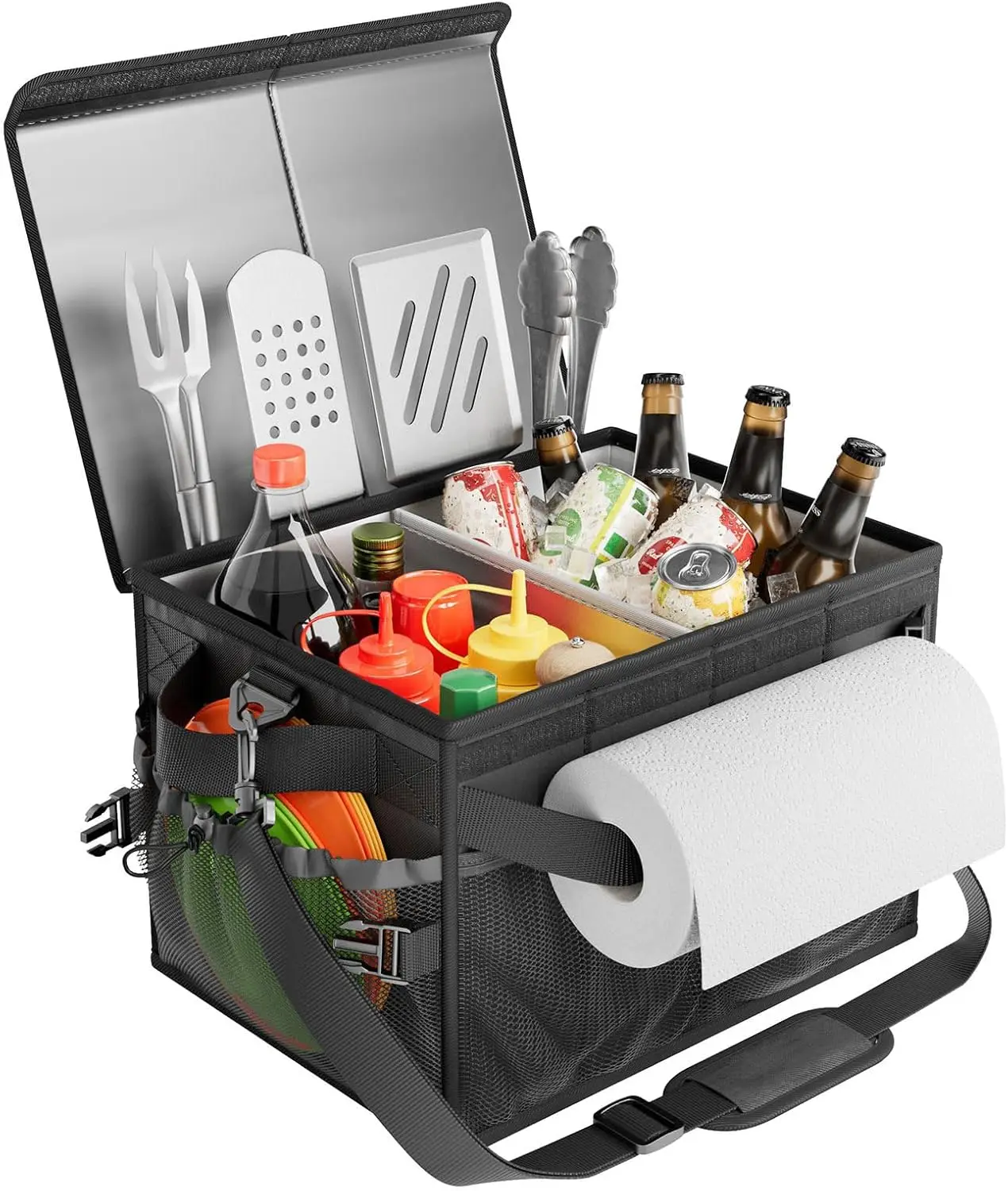 

Black Grill Caddy, BBQ Organizer with Lid & Paper Towel Holder, Picnic Griddle Caddy for Outdoor Camping, becue Access