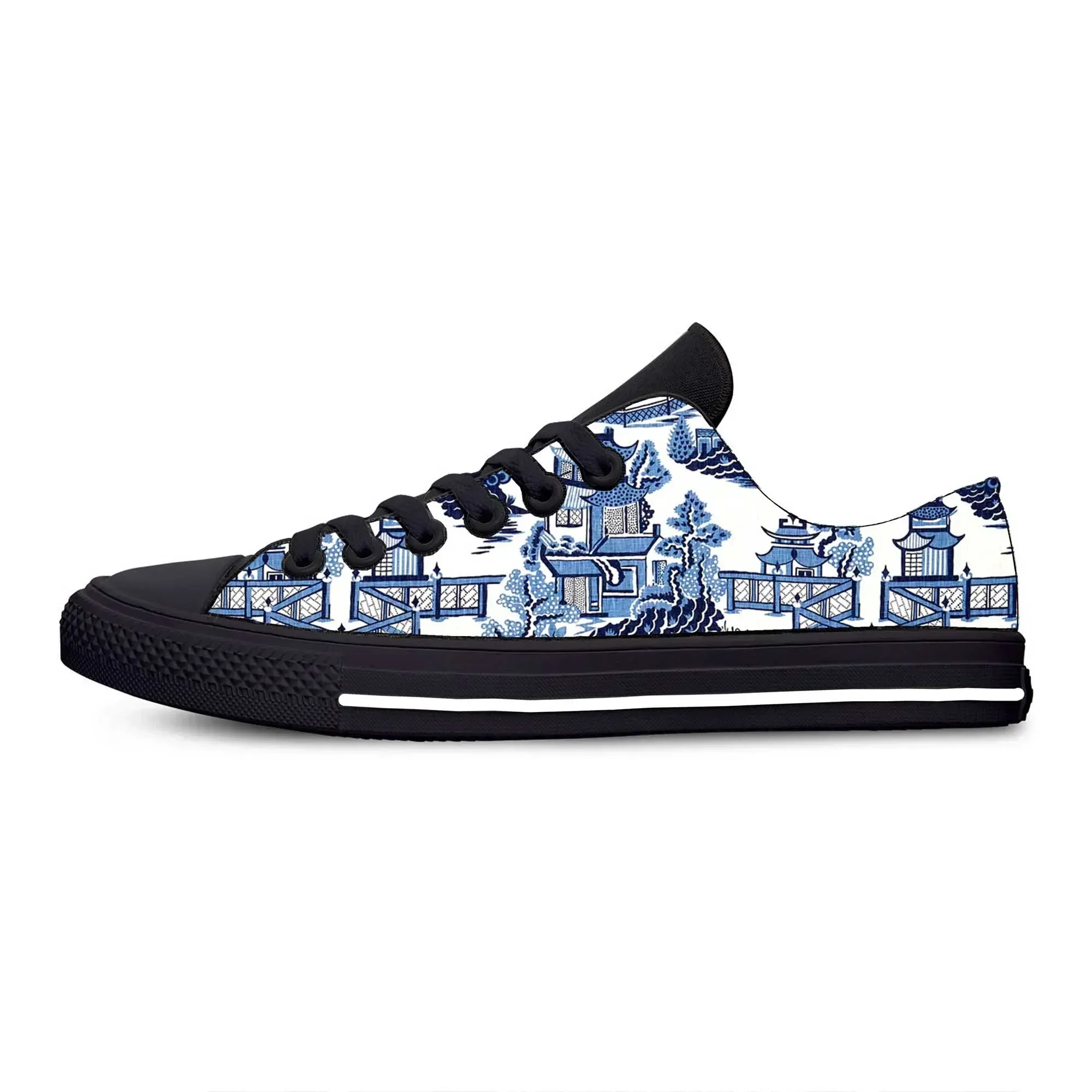 

Blue White Willow Pagoda Chinoiserie China Pattern Casual Cloth Shoes Low Top Comfortable Breathable 3D Print Men Women Sneakers