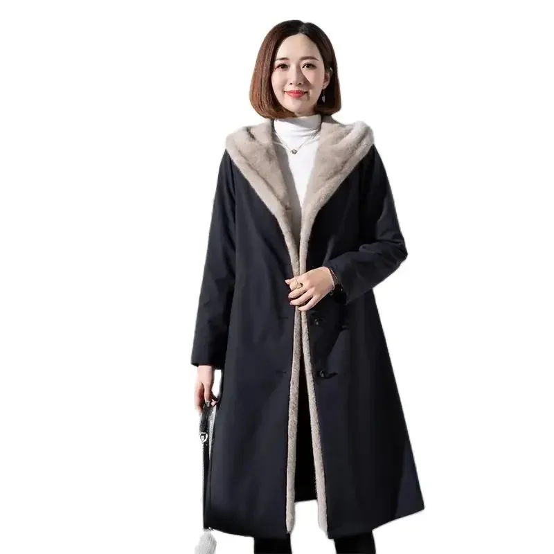 Jaket panjang bertudung untuk wanita, jaket parka salju musim gugur musim dingin 2024, mantel bulu palsu longgar model Korea F763