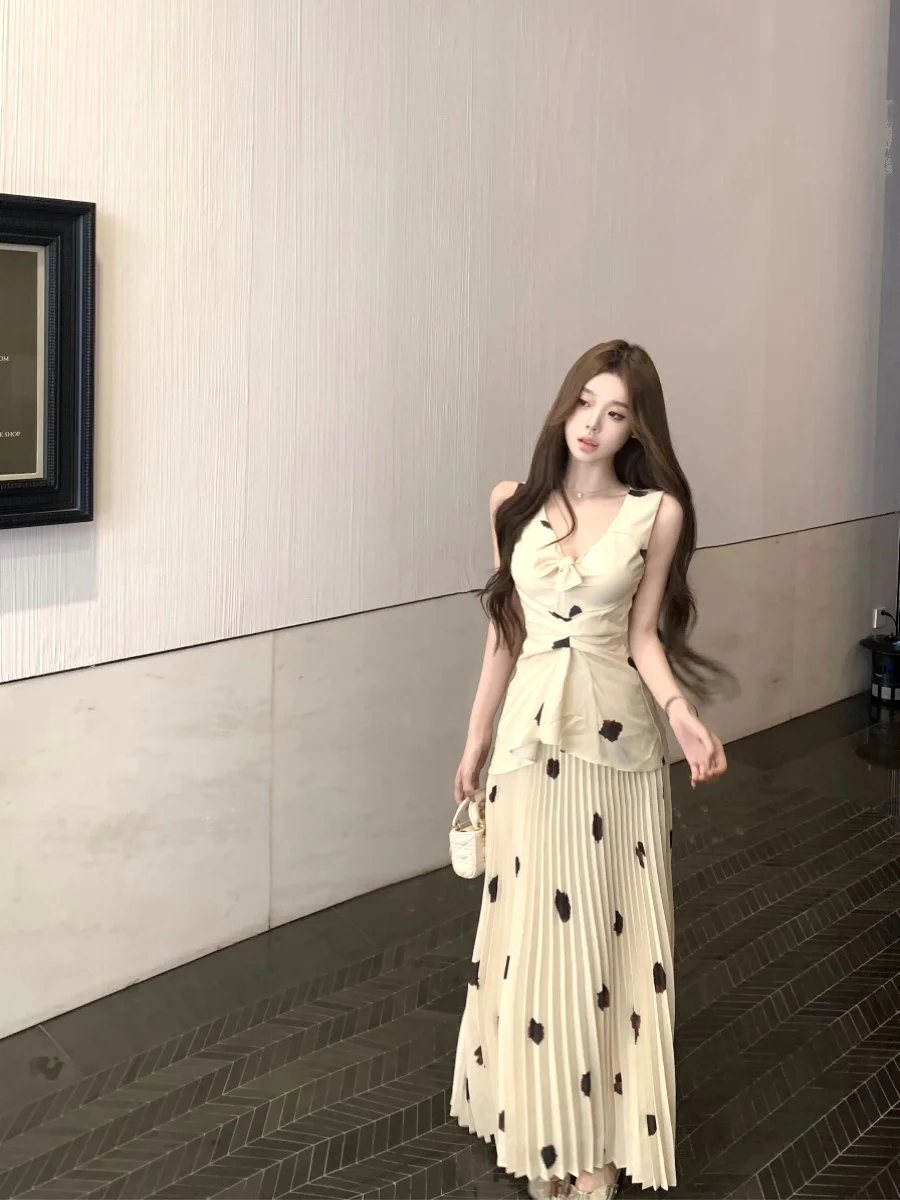 

Летний повседневный комплект из топа с узлом в горошек и юбки, женский модный костюм из двух предметов: топ-жилет и юбка макси