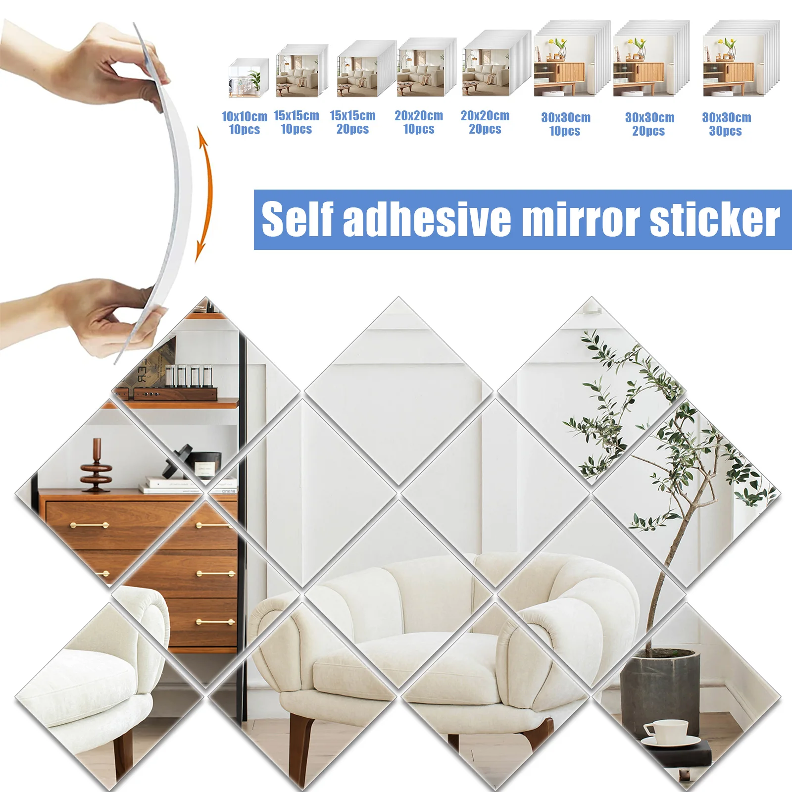 10/20/30Pcs Mirror Sheets Self Adhesive Non Glass Mirror Ultra-thin Flexible Mirror Sheets DIY Tiles Mirror Stickers Wall Decor