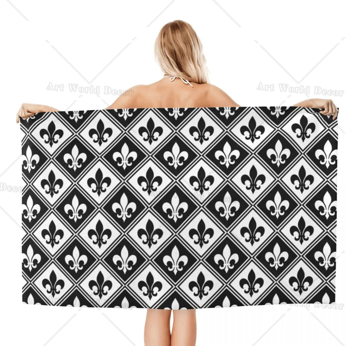 Customized Black Fleur De Lis And Diamond Pattern Beach Towel Fleur-De-Lys Lily Floral Breathable Microfiber Bath Towels