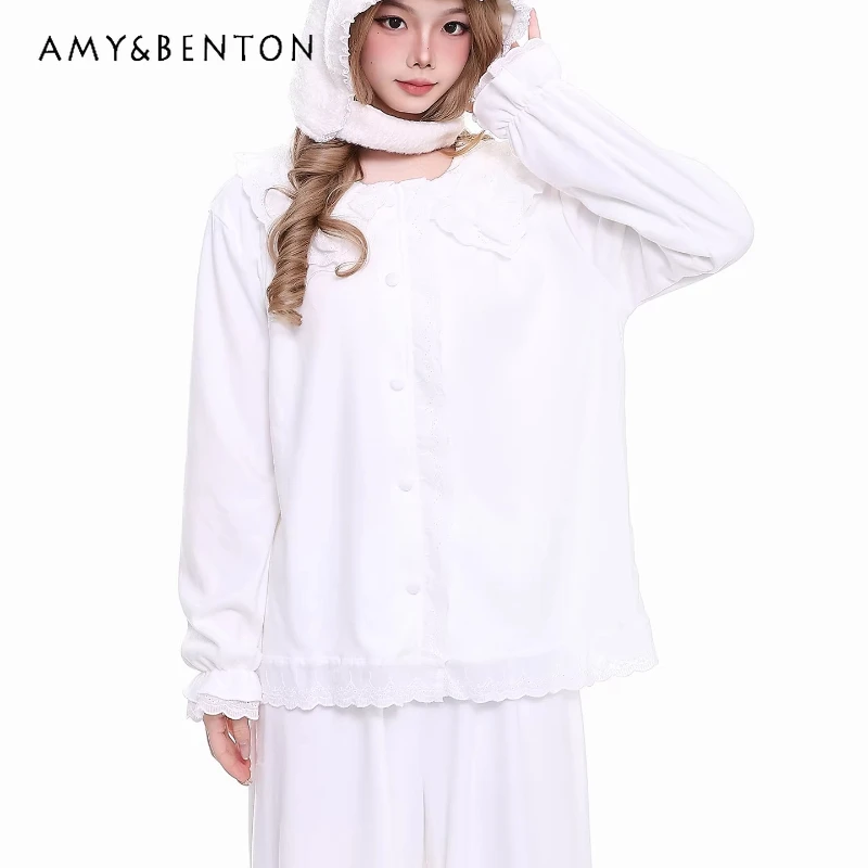 

Французский дизайн, белый, в стиле принцессы, флисовый, коралловый, женский домашний костюм, весна 2026, новинка, милый, стройнящий, свободный, пижамный комплект для женщин