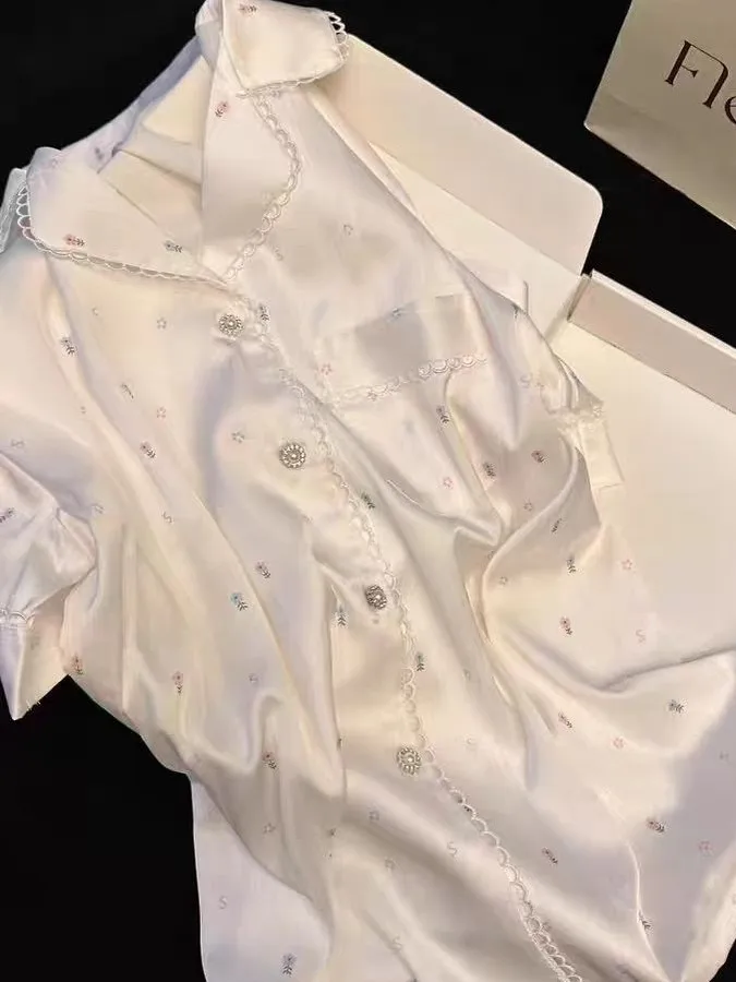 Summer Fresh Ice Silk Pajamas Korean Version of High-end Floral Short-sleeved Trousers Can Be Worn Outside Thin Loungewear Suit