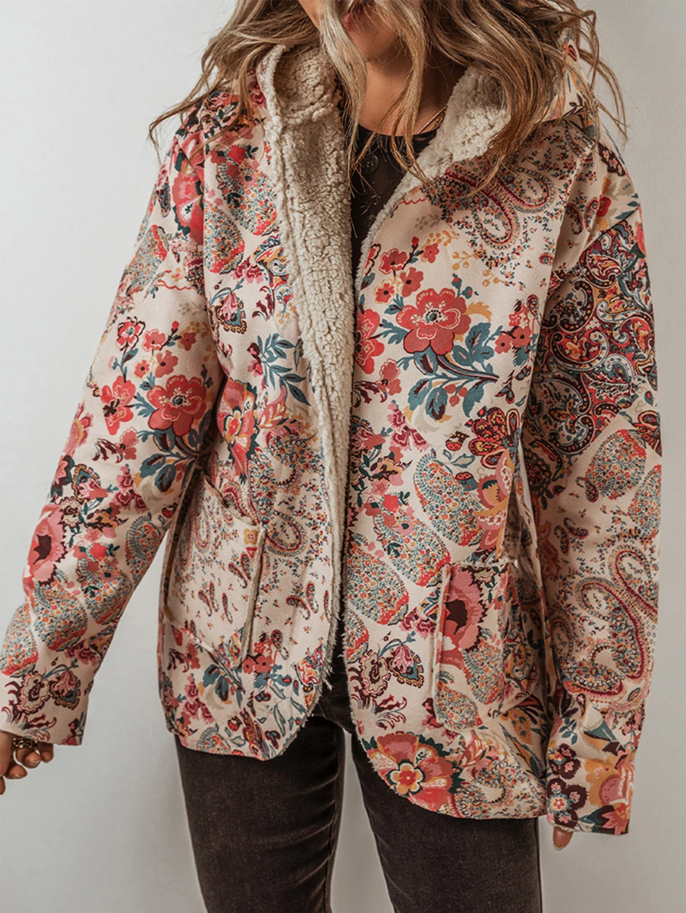 

Women's Long Sleeve Round-Neck Button Front Full Print Loose Coats Winter Fashion Party Daily Basic Coat for Women