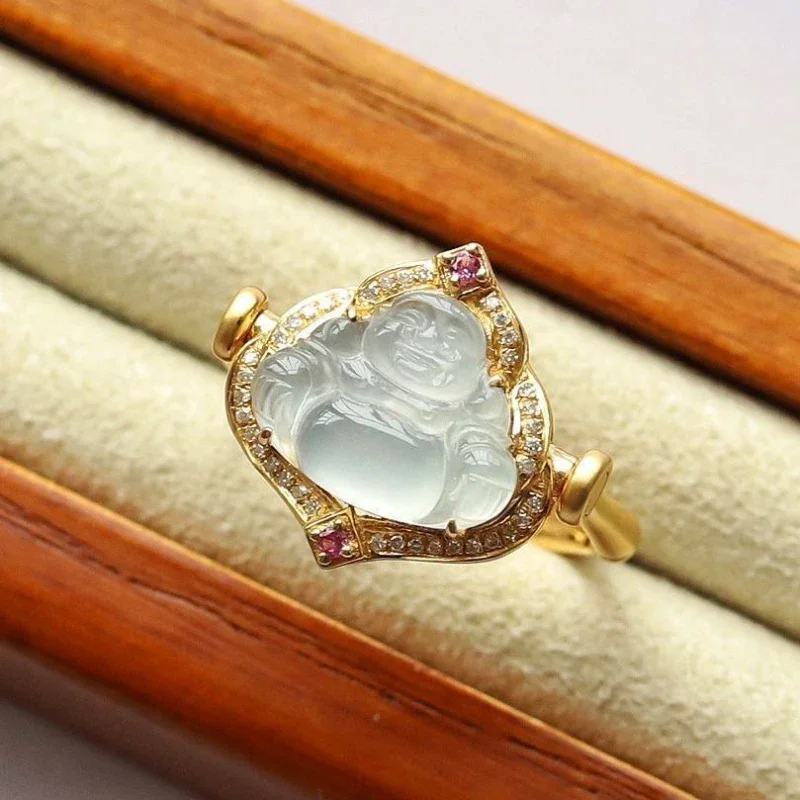 Silver inlaid natural ice jade chalcedony Buddha rings for women dual purpose ring pendant classic Chinese style jewelry gift