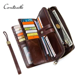 CONTACT'S Genuine Leather Clutch Bags for Men Long Vintage Zipper Handbags Card Holders Coin Purses Money Clip Men's Wallets