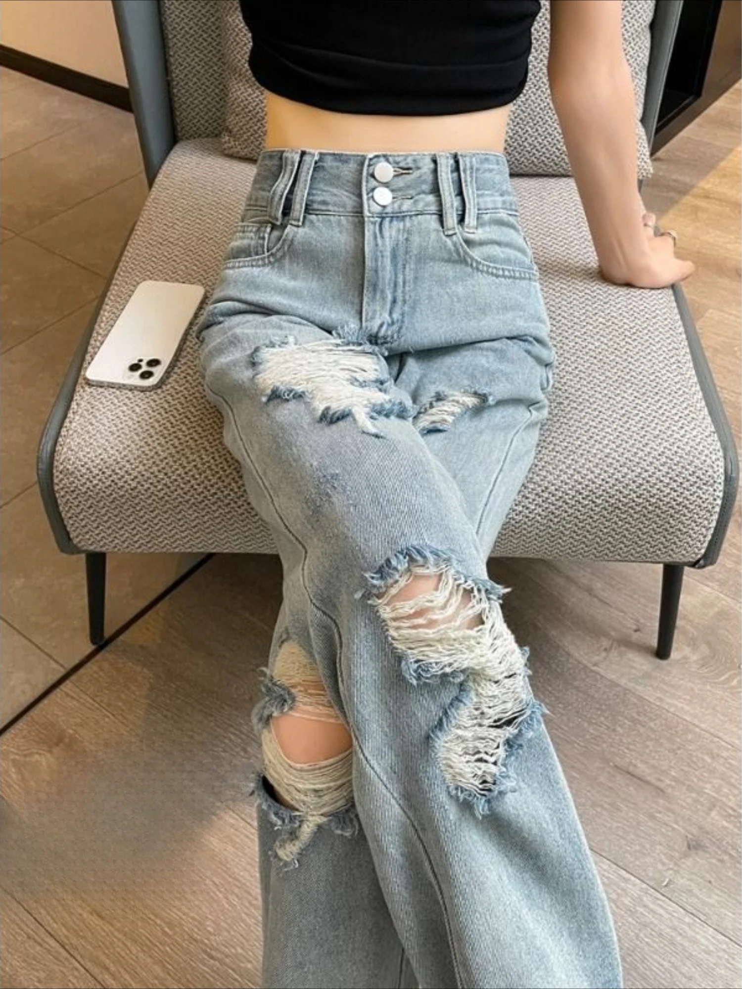 Women\'s with Holes Jeans Retro Blue Cowboy Pants for Woman High Waist Shot Straight Leg Torn Trousers Teenagers Do Old Baggy