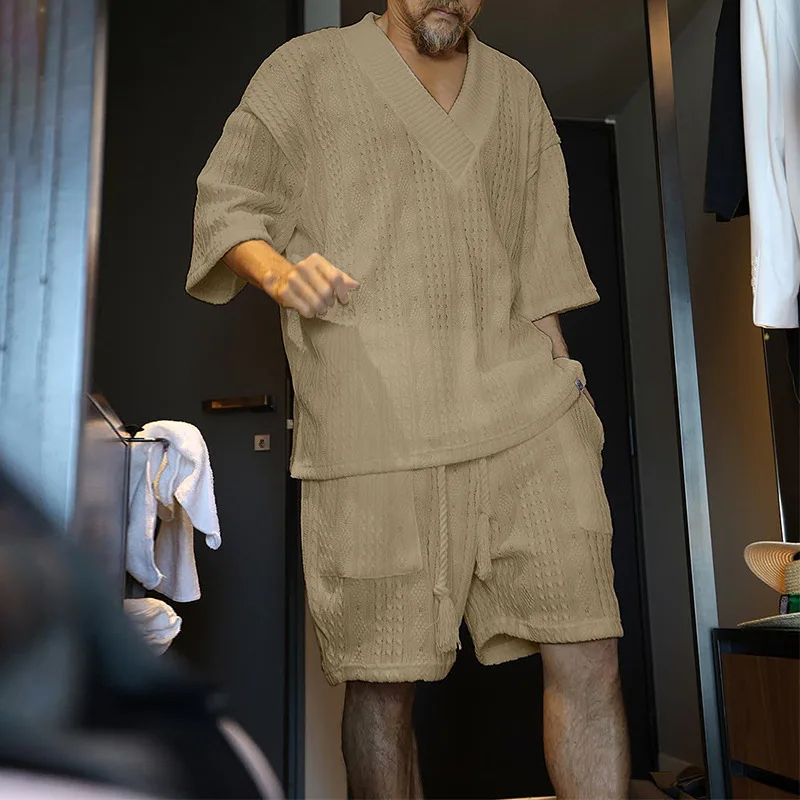 T-shirt à manches courtes et short à col en V pour hommes, ensemble de shorts décontractés, tenues en tricot, vêtements d'été, 2 pièces, 2024