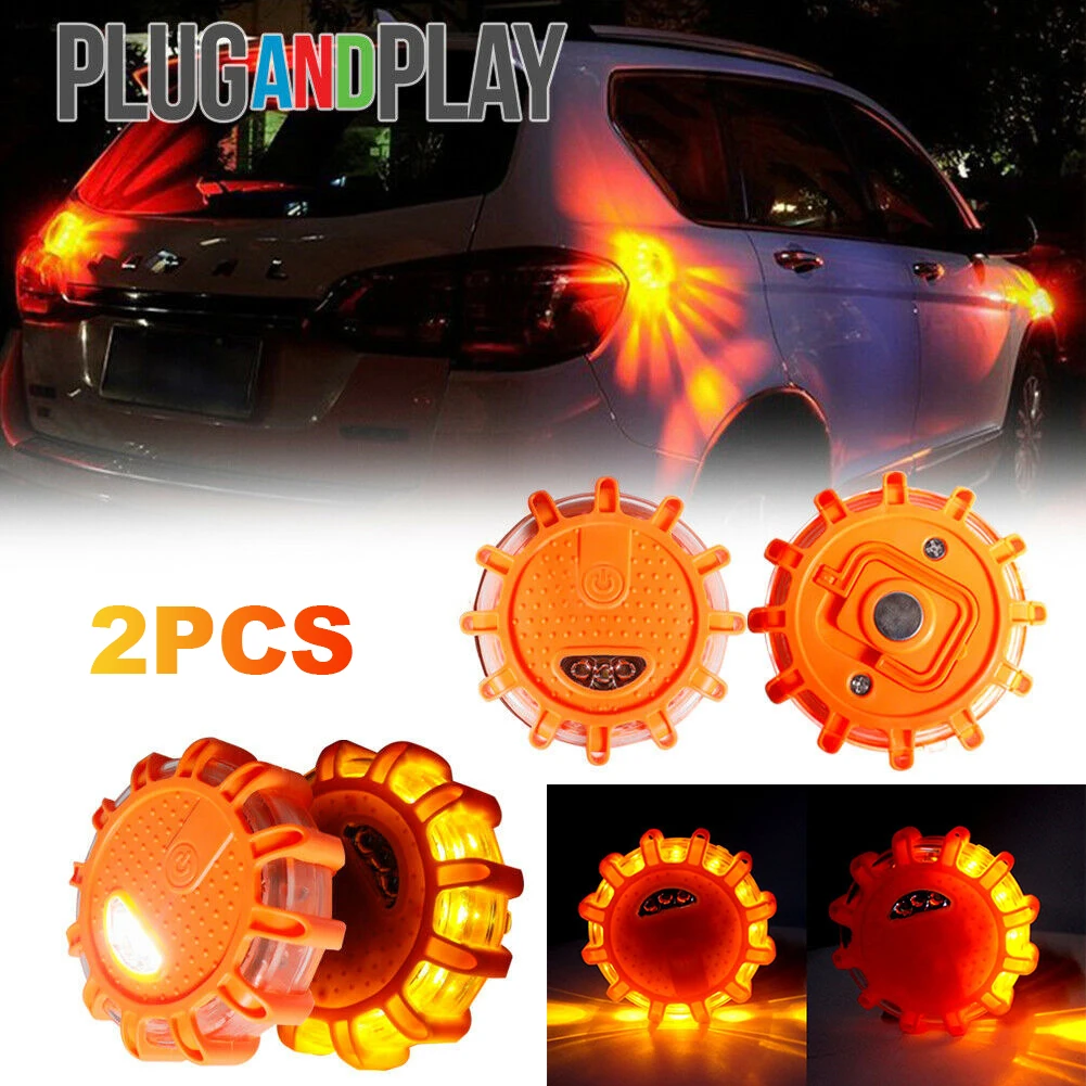 

2Pcs Roadside Security Flare Discs Waterproof Amber Roadside Emergency Flares Beacon 10 Lighting Modes with Magnetic Base & Hook