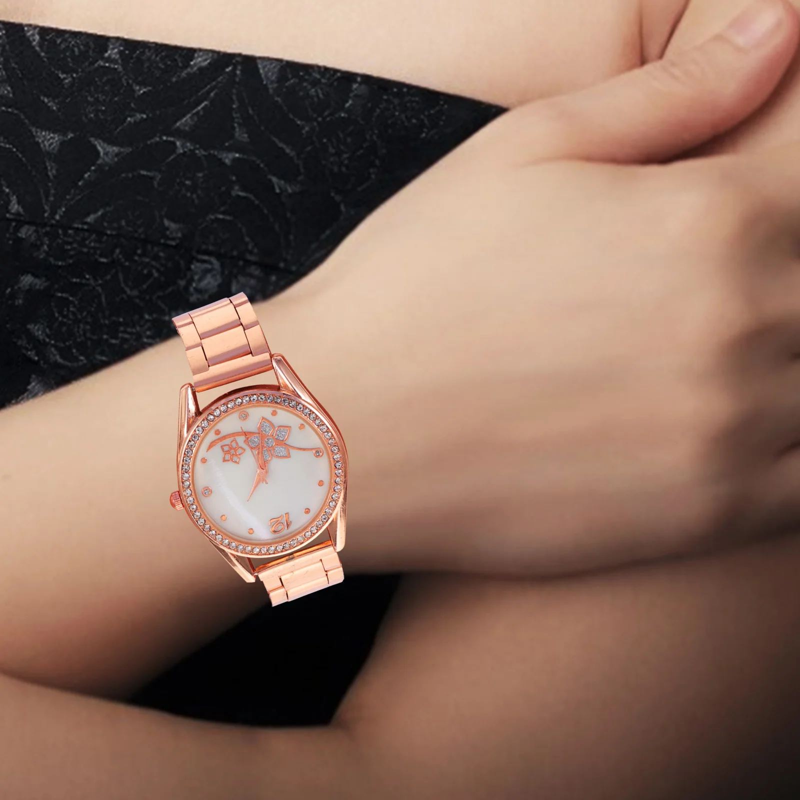 ساعة حجر الراين على شكل زهرة لساعة اليد بحزام معدني مع شريط مسامي ومينا شفافة وإبزيم معدني هدية للطلاب #4