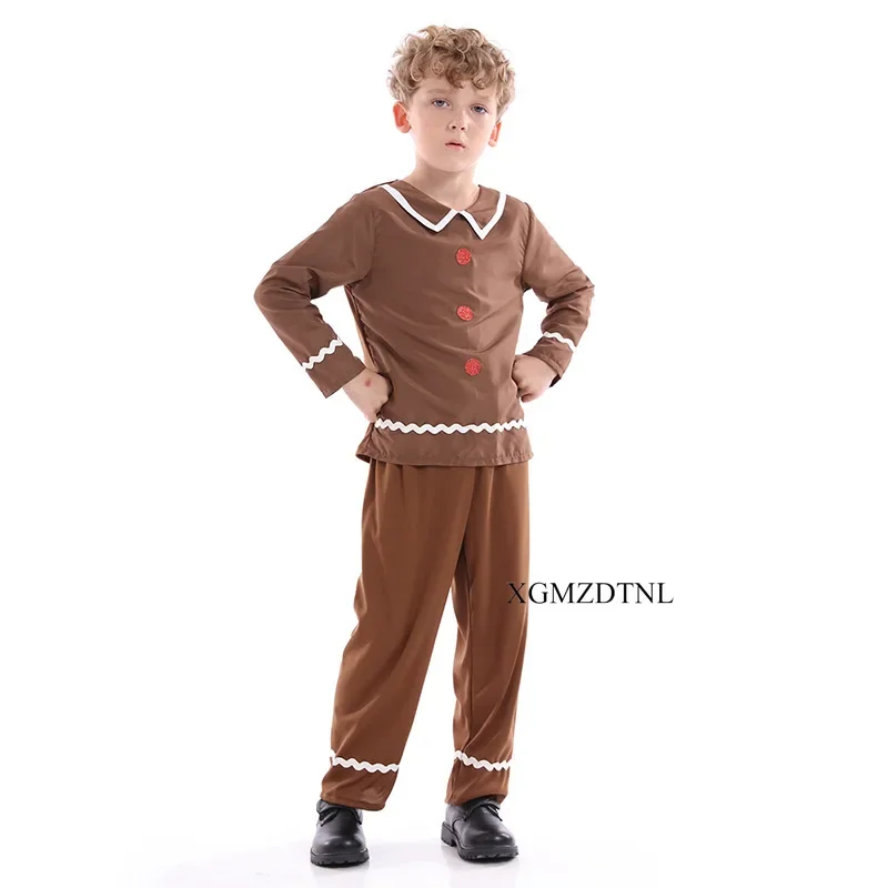 Children Cute Cartoon Gingerbread Man Performance Cosplay Costume Brown Top Pants Boys Suits Christmas New Year Party Halloween