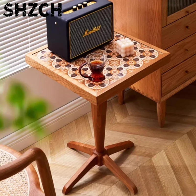 Mesa auxiliar de madera de cerezo Vintage, mesa de té cuadrada nórdica con mosaico Floral, mesa decorativa de café redonda para