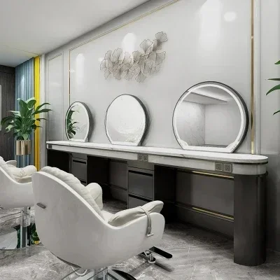 A  NewBarber Shop with Light Dressing Table for Hair Salon with Desktop Hair Cutting and Perming Area Mirror Cabinet Integrated