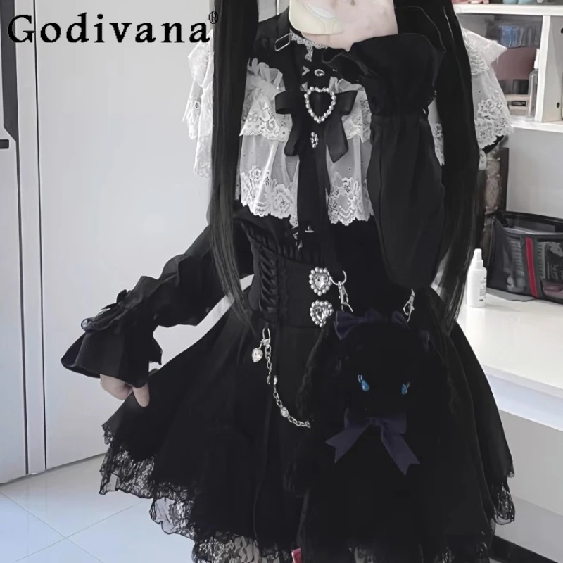

Spring Summer Japanese Sweet Girl Lace Removable Sleeve Dark Shirt Subculture High Waist Age-reducing Fashion Bead Chain Skirt