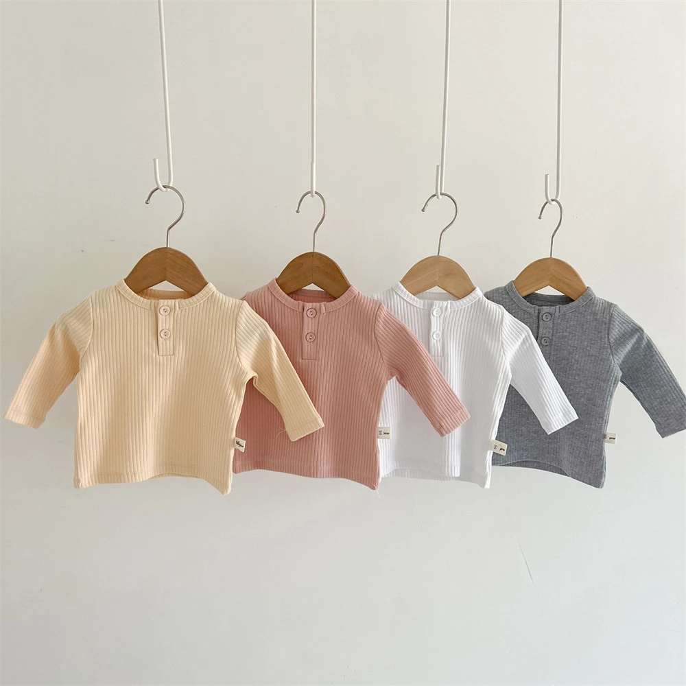 Baby Girls Long Sleeve T-shirts Cotton Solid  Pit Striped Tee Round Neck Spring Autumn Toddler Baby Clothes Korean Style Tops