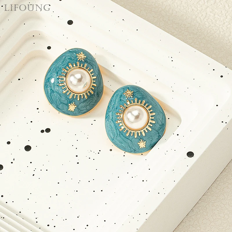 Metal Enamel Imitation Pearl Post Earrings For Women Vintage New Designed Styles Fashion Jewelry Fancy Party Accessories 2023379