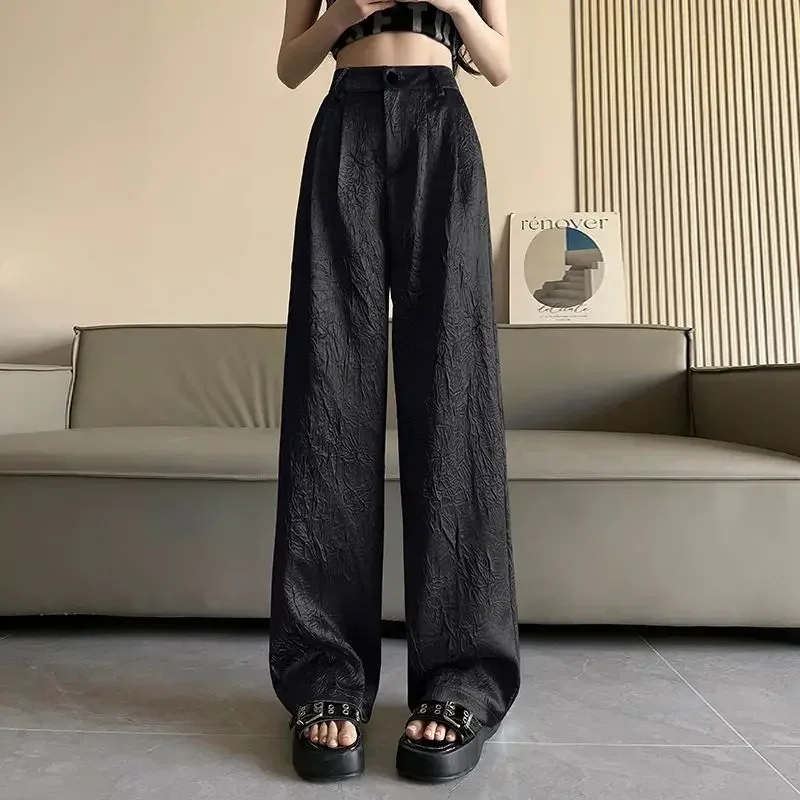 Summer High Waist Wide Leg Pants Women Wrinkled Design Casual Women\'s Pants Fashion Silver Loose Straight Full Length Trousers