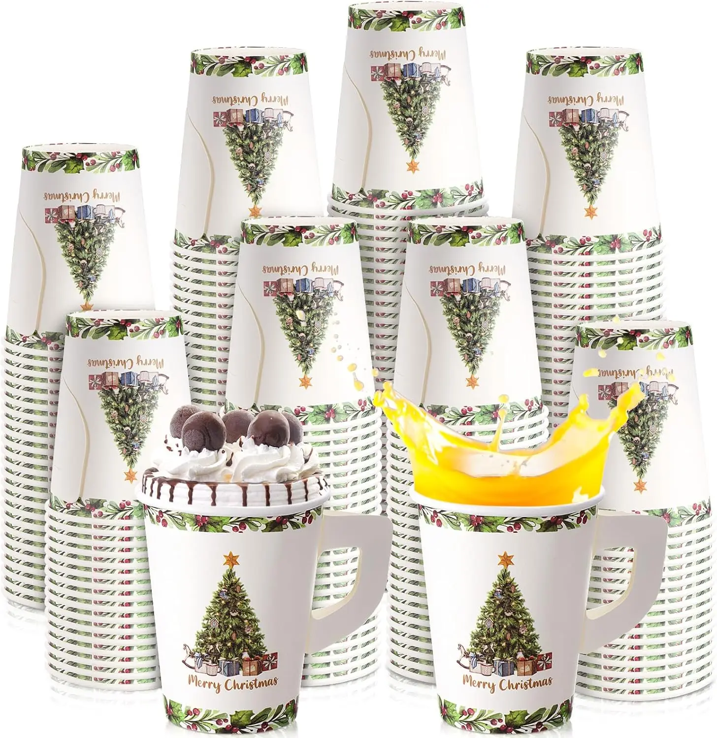 

100 Pieces Christmas Paper Cups with Handle 9 oz Holiday Disposable Cups Drinking Hot Chocolate Coffee Cup for Xmas Dail