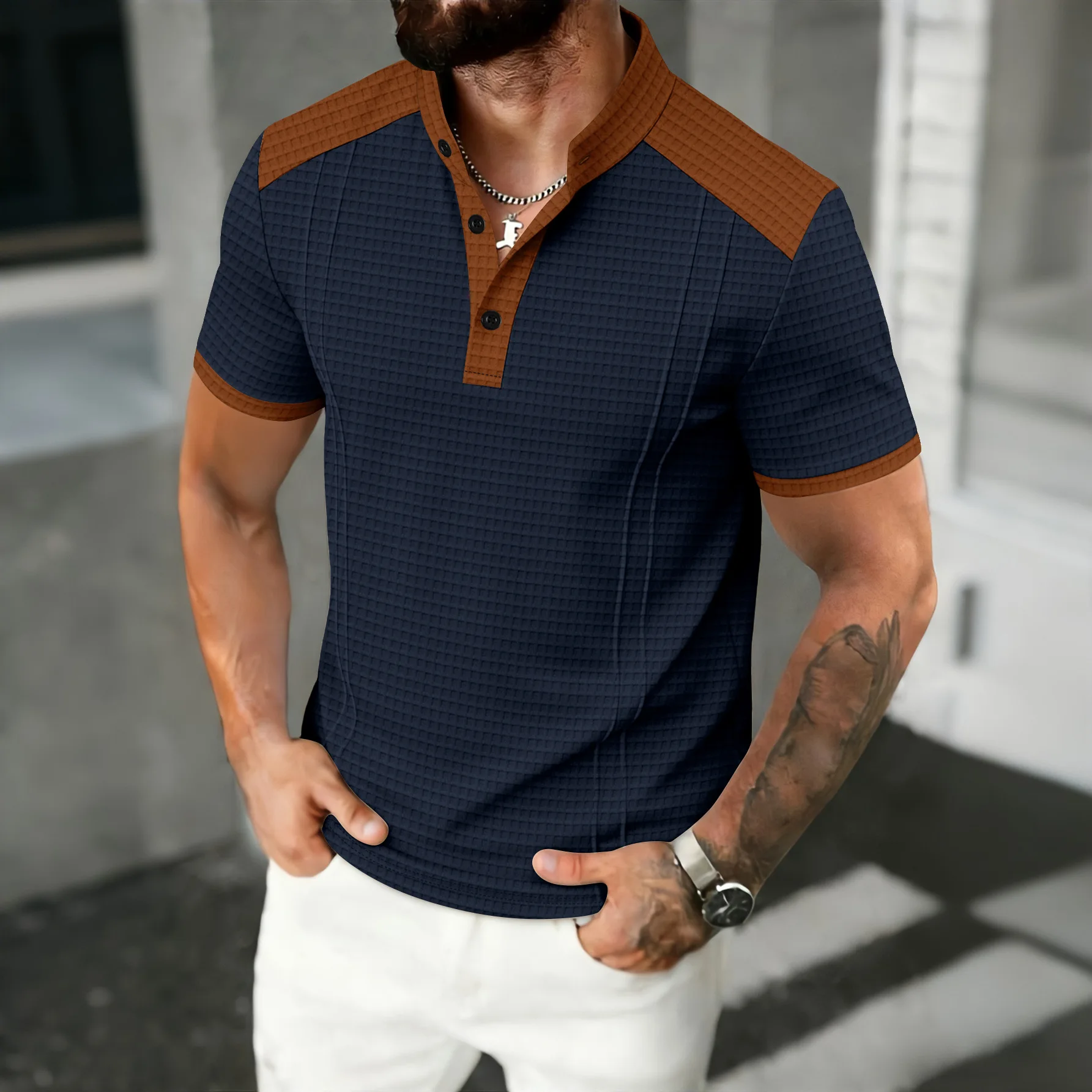 New men's waffle color-block Henry collar short-sleeved T-shirt- Stand-up collar, half-open front