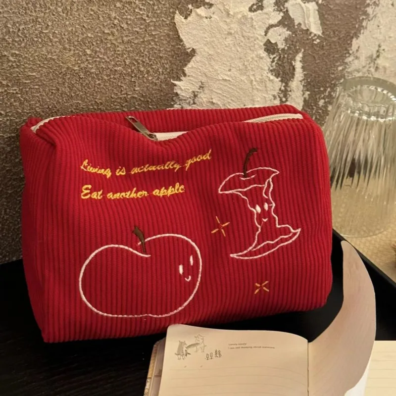 Apple Embroidered Corduroy Makeup Bag Large Capacity Travel Storage Toiletry Bag Chic Love and Deep Space Caleb Apple Makeup Bag