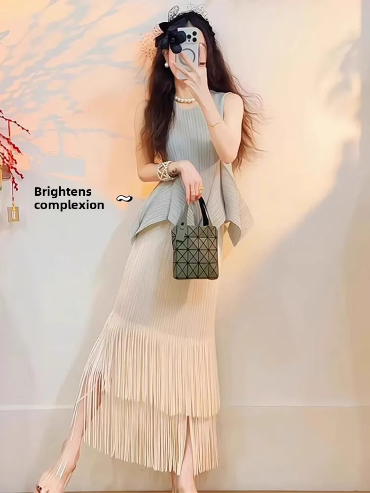 

Простой летний комплект с юбкой без рукавов и высокой талией, женский зеленый топ и юбка средней длины, комплект прямого кроя