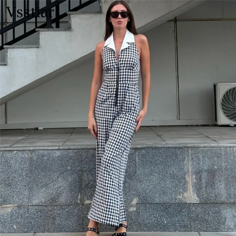 Vsstiar New Fashion Plaid Women Jumpsuits Sexy Sleeveless Backless Wide Leg Pants Elegant Streetwear Casual Ladies Rompers