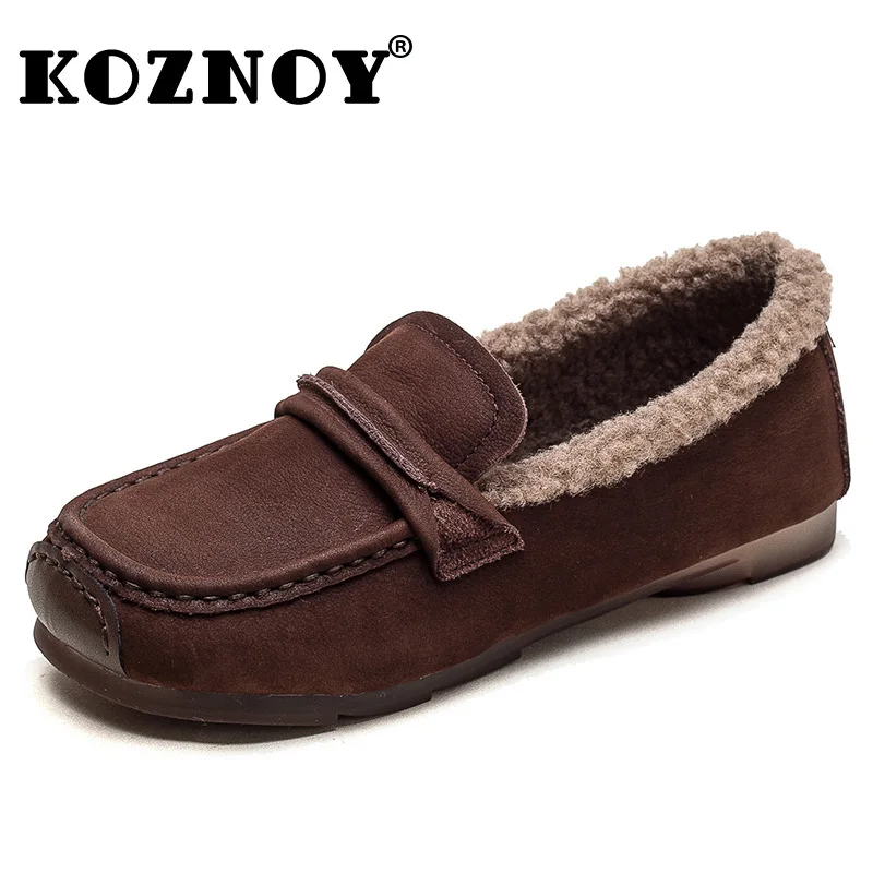 

Koznoy 1.5cm Suede Genuine Leather Ladies Winter Women Soft Soled Comfy Flats Loafers Slip on Plush Warm Fur Female Autumn Shoes