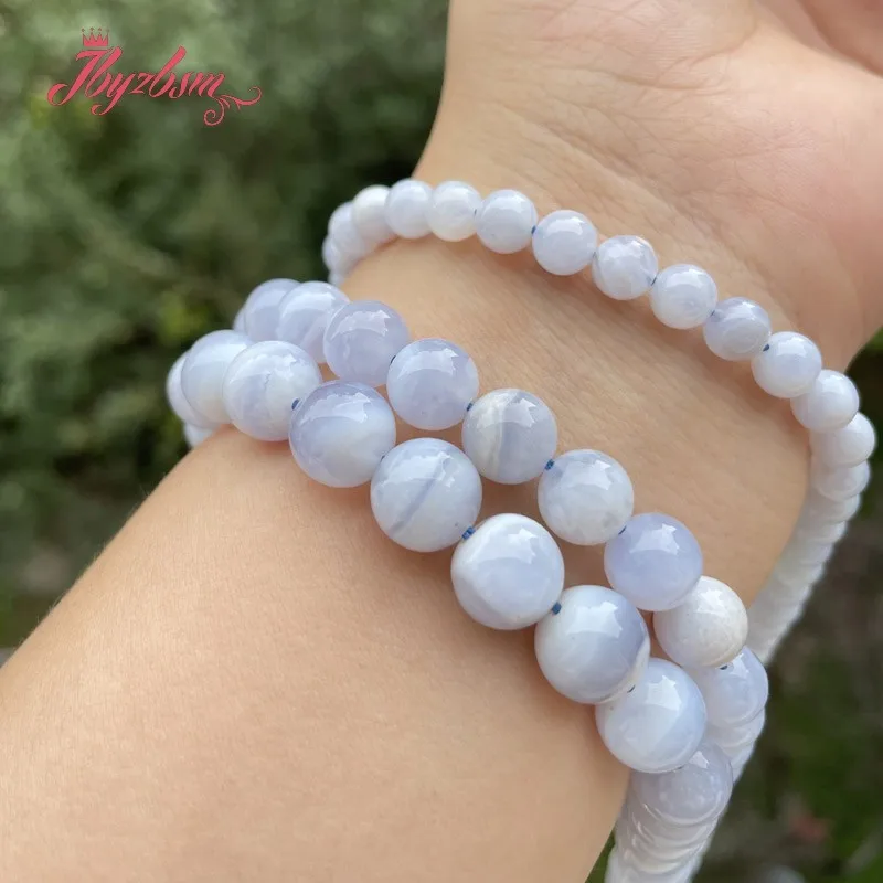 Natural Blue Chalcedony Agate Smooth Round Stone Beads For DIY Necklace Bracelet Jewelry Making Strand 15\