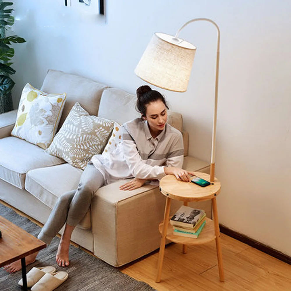 

Floor Lamp Living Room Bedroom Nordic Ins Wind log Wireless Charging Floor Table Lamp With Shelf Vertical Table Lamp