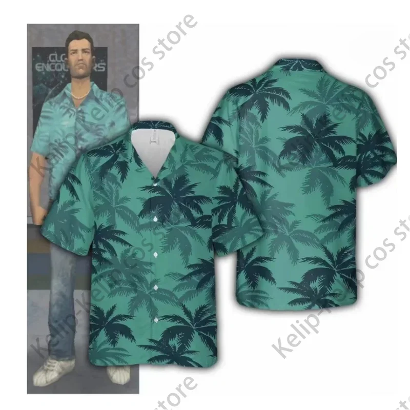 [Olmee] auf Lager Vize Tommy Cosplay Kostüm Vercetti Grand Auto Protagonist Spieler Küste Stil Strand blau T-Shirt Halloween